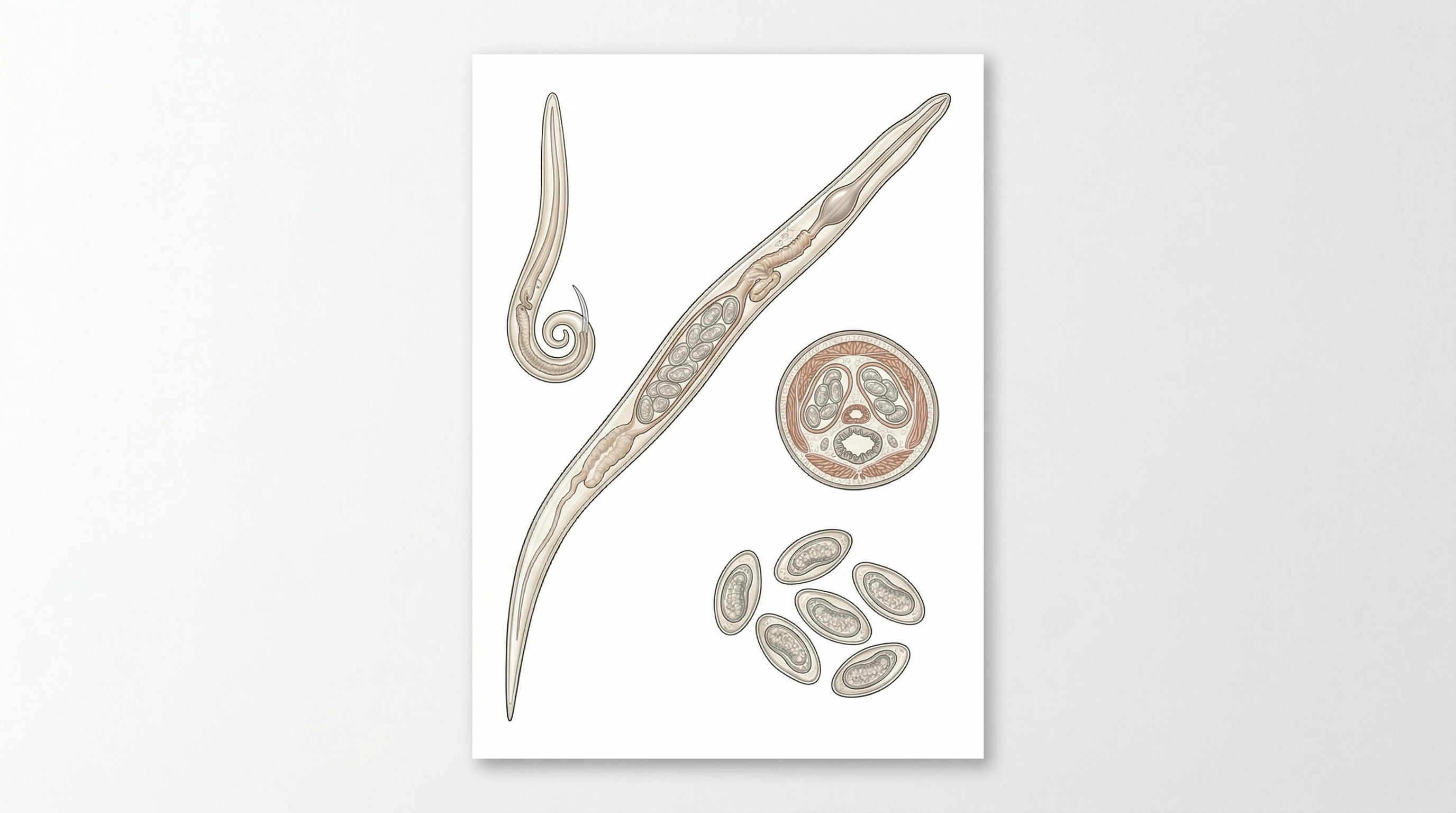 Ilustración médica del Enterobius vermicularis - parásito intestinal oxiuro