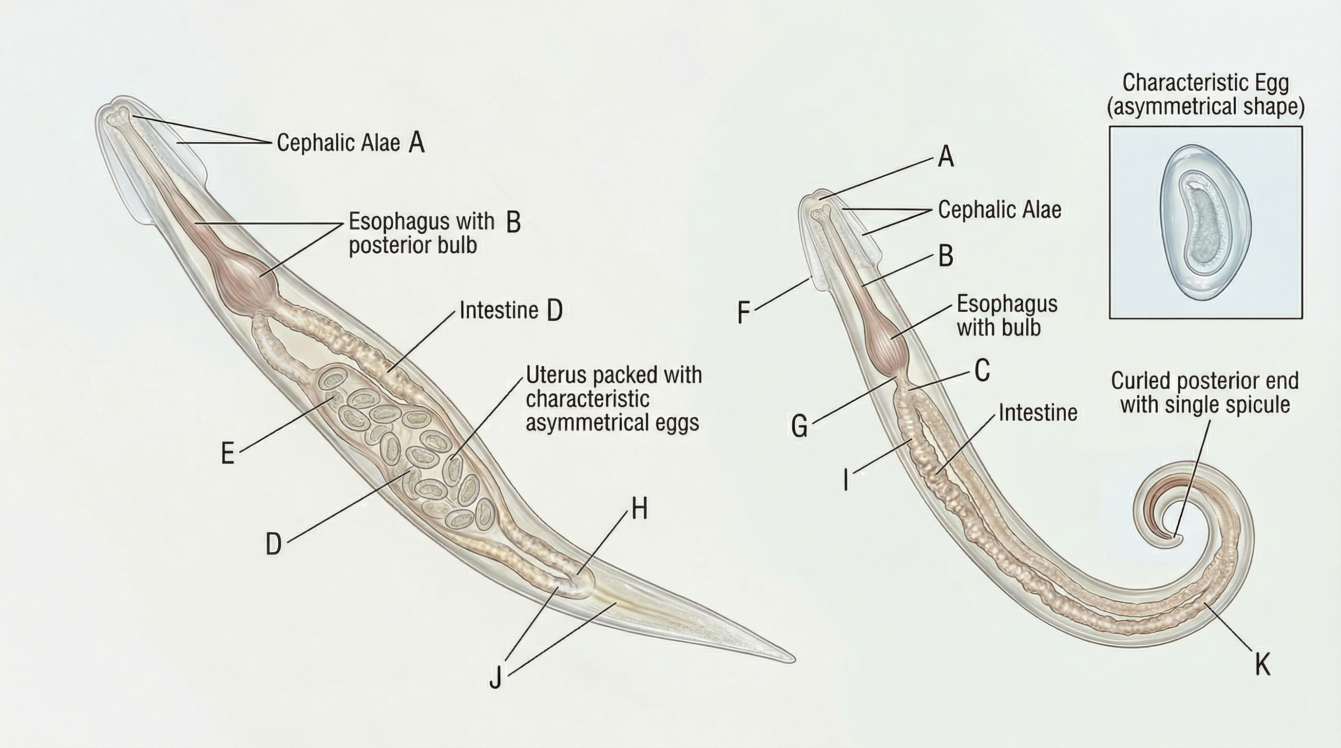 Ilustración médica de Ascaris vermicularis (Enterobius vermicularis)