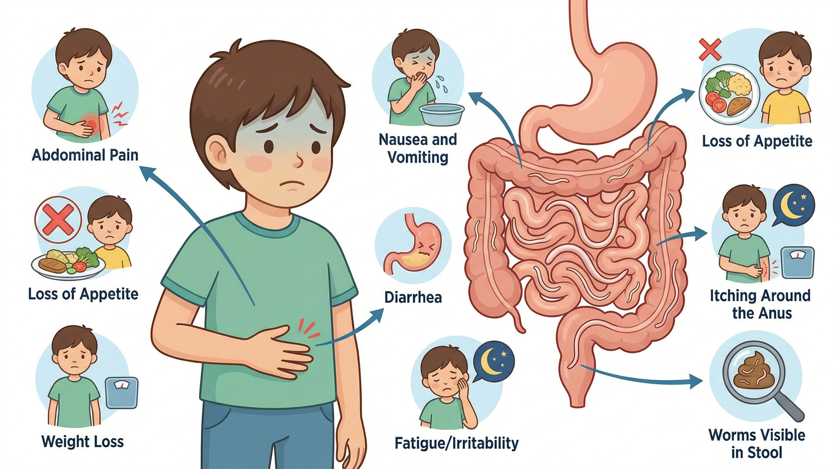 Ilustración médica de lombrices intestinales en niños - oxiuros y áscaris en pediatría