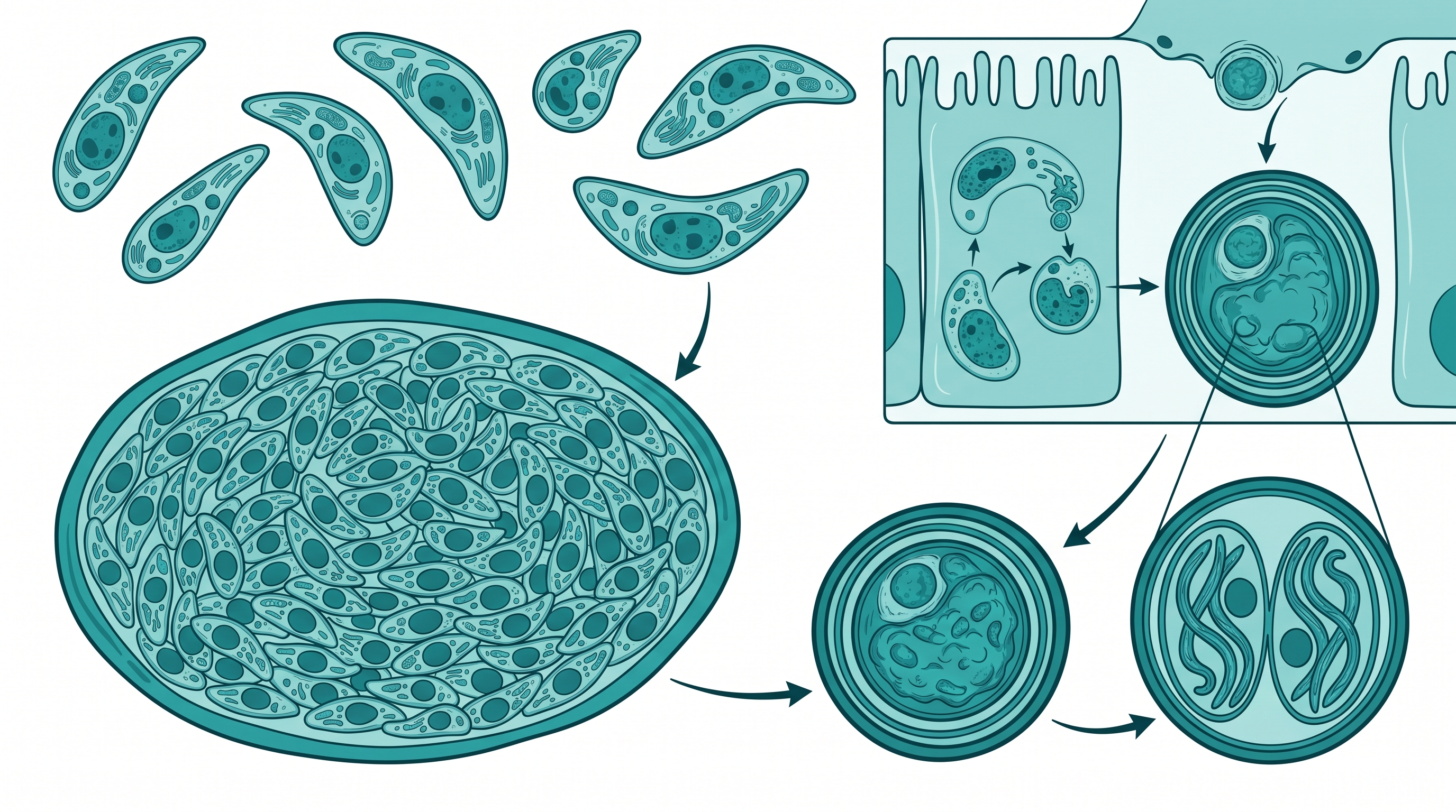 Ilustración médica de Toxoplasma gondii - ciclo de vida del parásito y vías de contagio